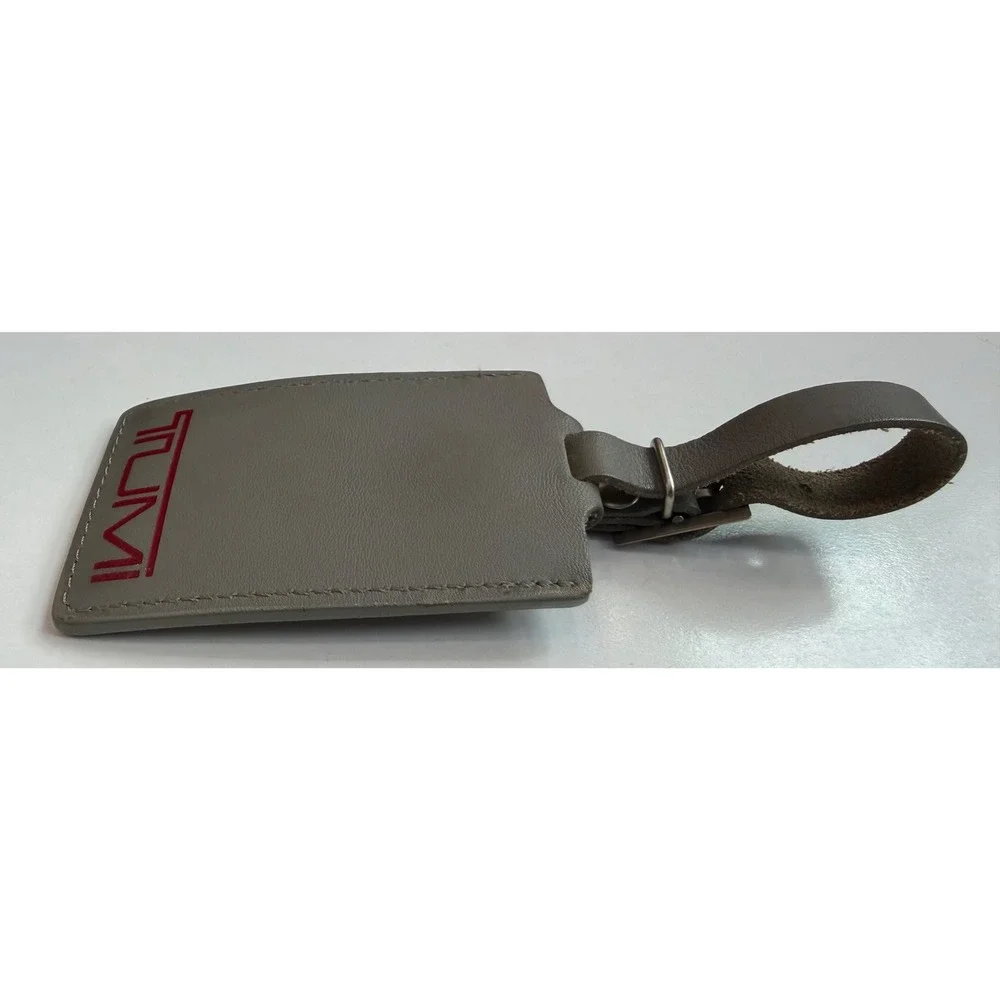 Tumi Grey Leather Luggage Tag Red Logo Buckle Strap Travel Accessory